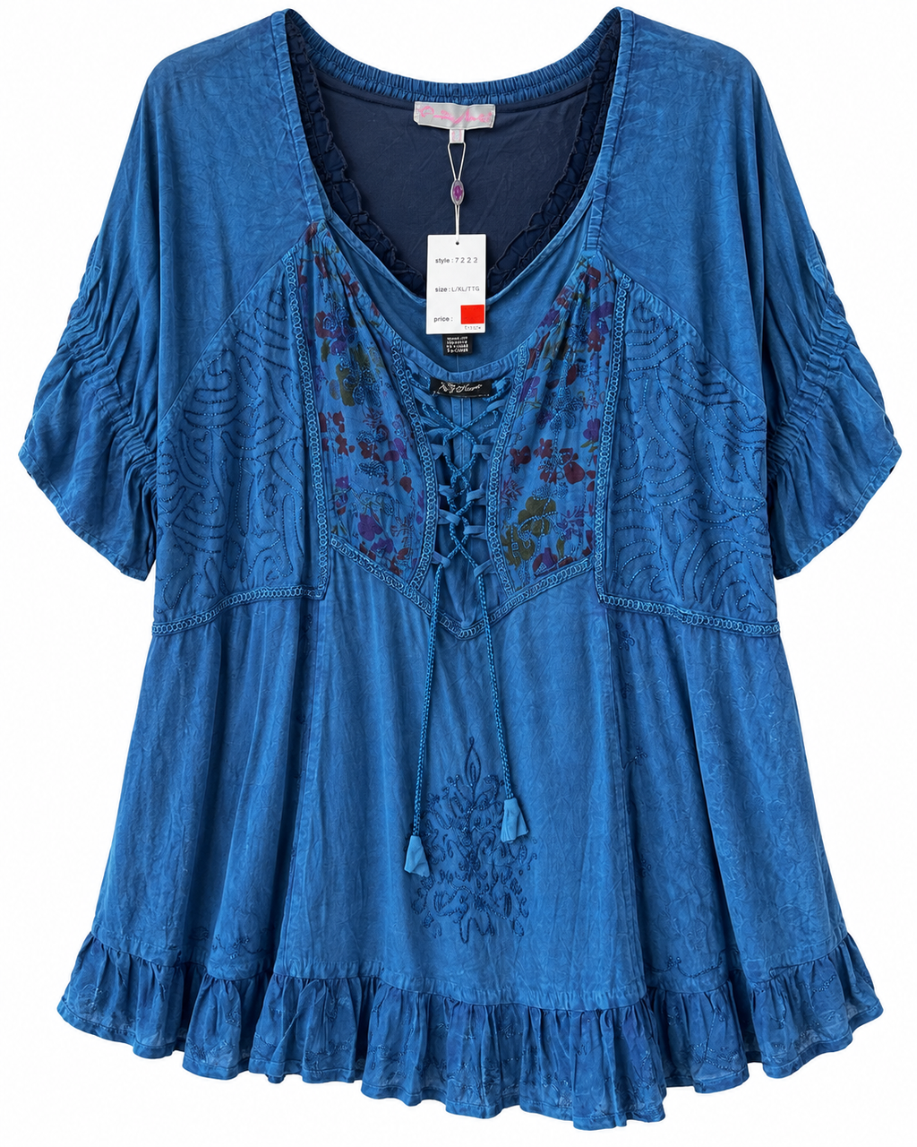 Unexpectedly You Azure Melody Boho Lace-Up Tunic — clean embroidered product view