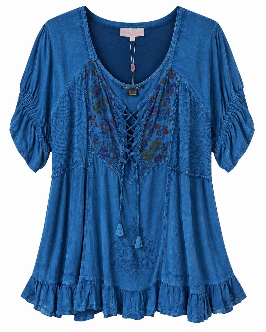Unexpectedly You Azure Melody Boho Lace-Up Tunic — clean product front view