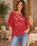 Unexpectedly You Coral Circle crochet top — model view