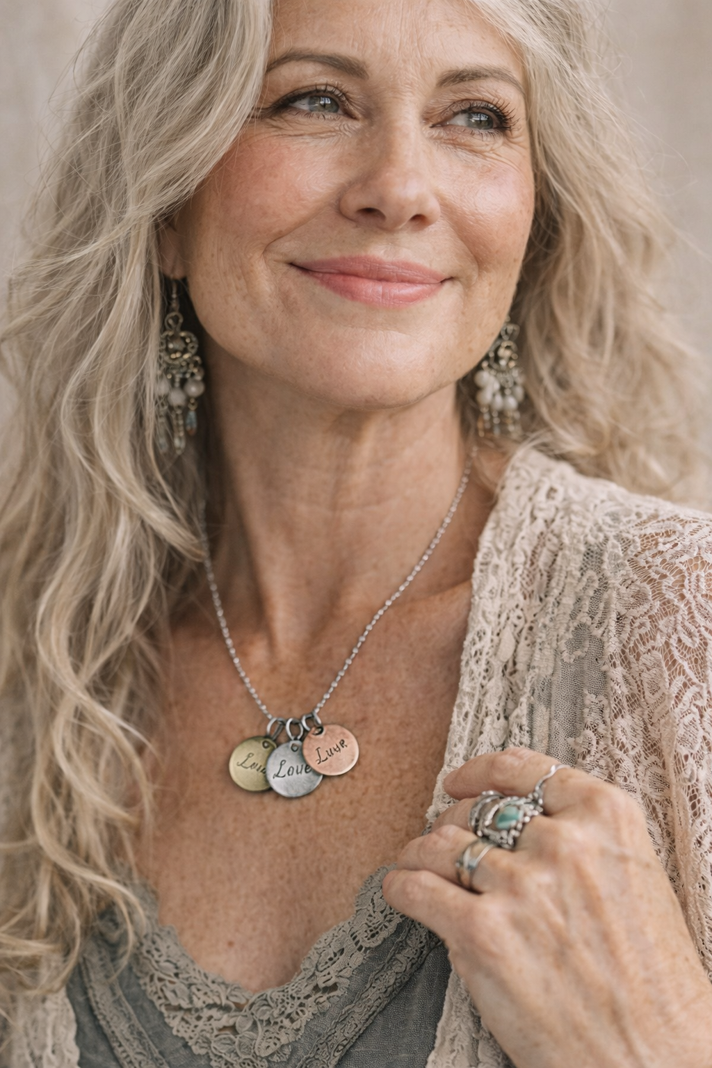 Unexpectedly You Live Love Laugh three-tone disc necklace — detail view