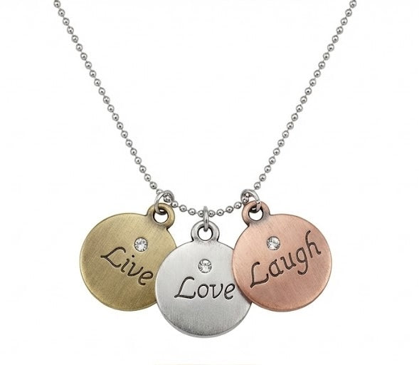 Unexpectedly You Live Love Laugh three-tone disc necklace — front product view