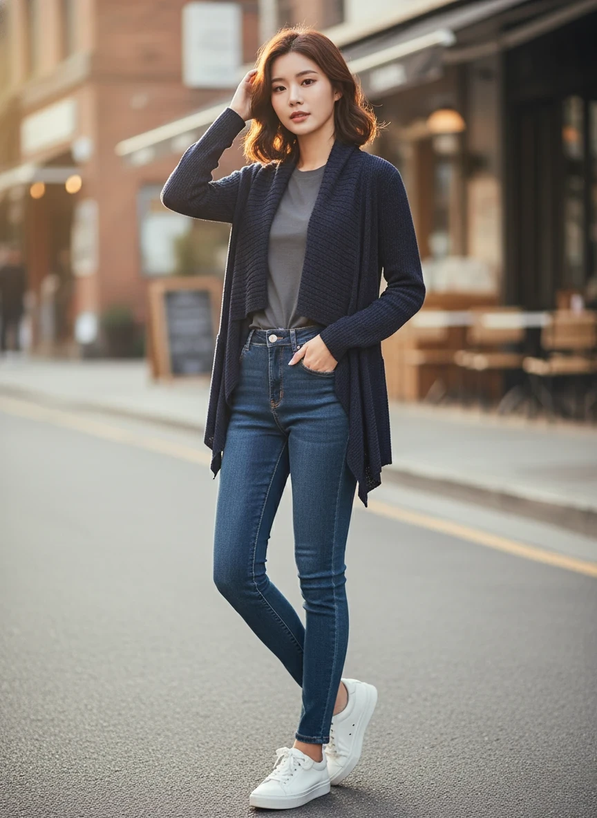 Unexpectedly You Navy Drift waterfall cardigan — model view