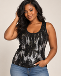 Noir Gleam black sequin scoop-neck tank top — model image