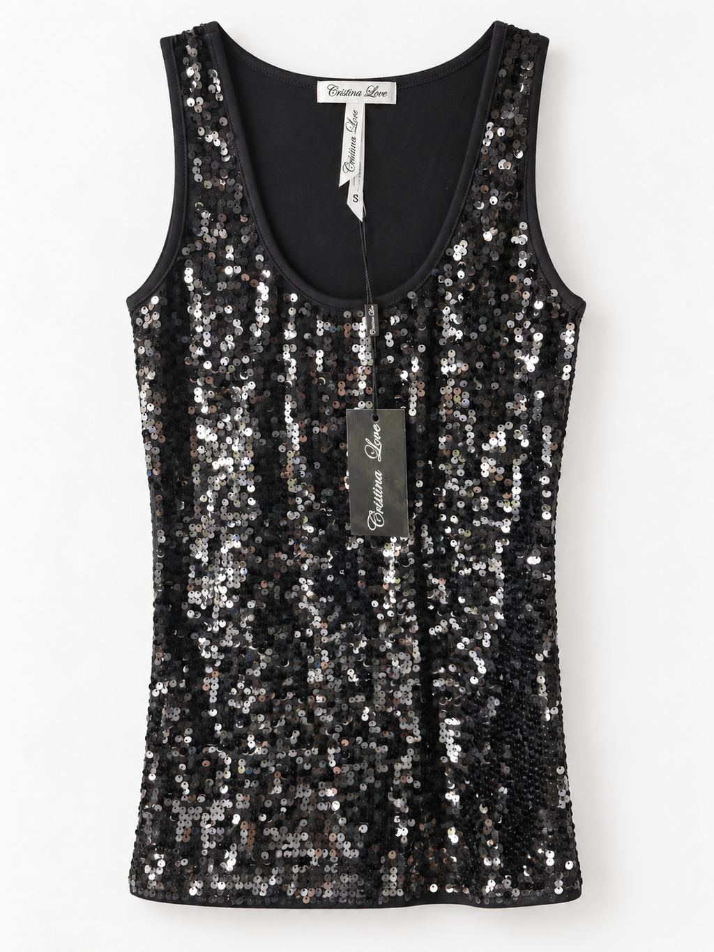 Unexpectedly You Noir Gleam black sequin scoop-neck tank top — clean front product view