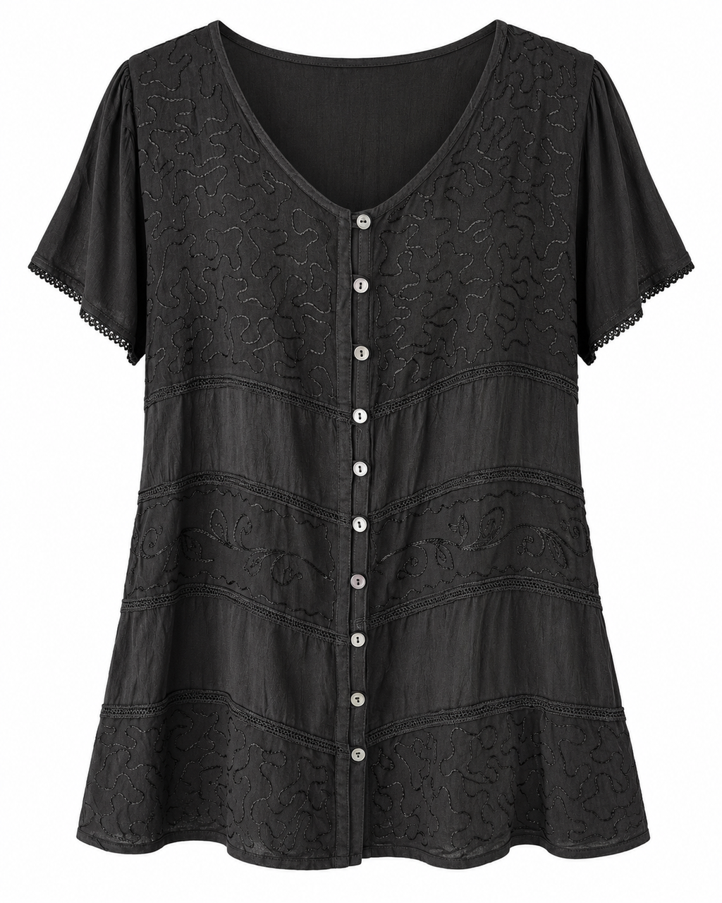 Unexpectedly You Noir Textured Elegance Button-Down Top — clean product front view