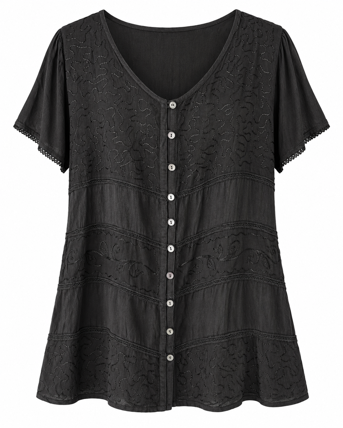 Unexpectedly You Noir Textured Elegance Button-Down Top — clean product front view