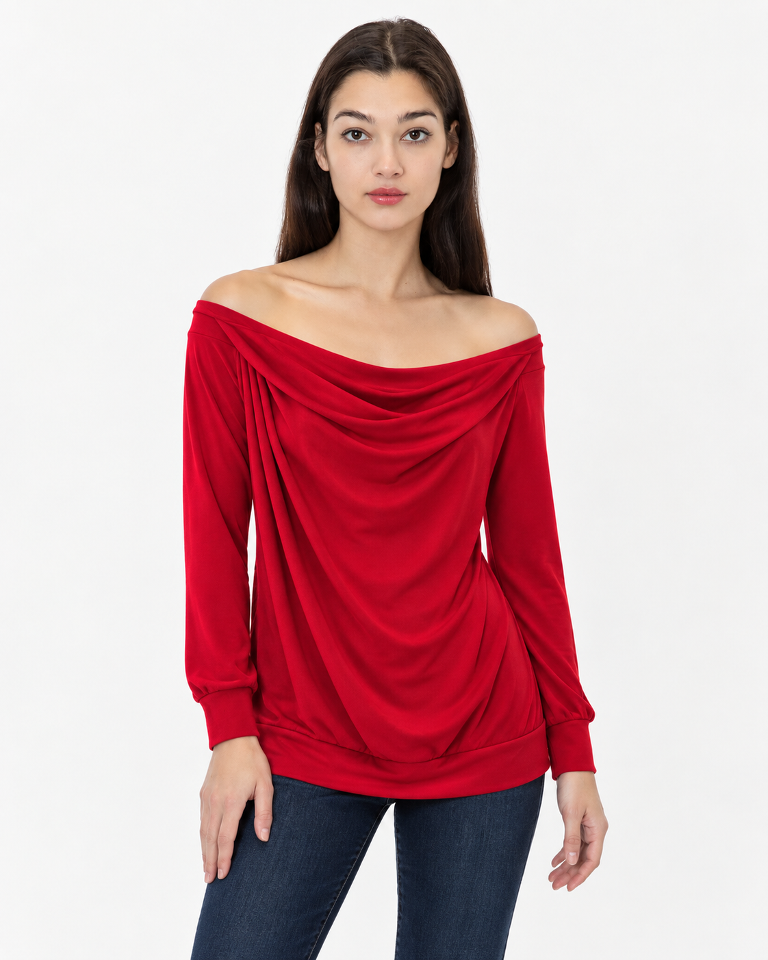 Unexpectedly You Scarlet Drape convertible cowl and off-shoulder top — model front view