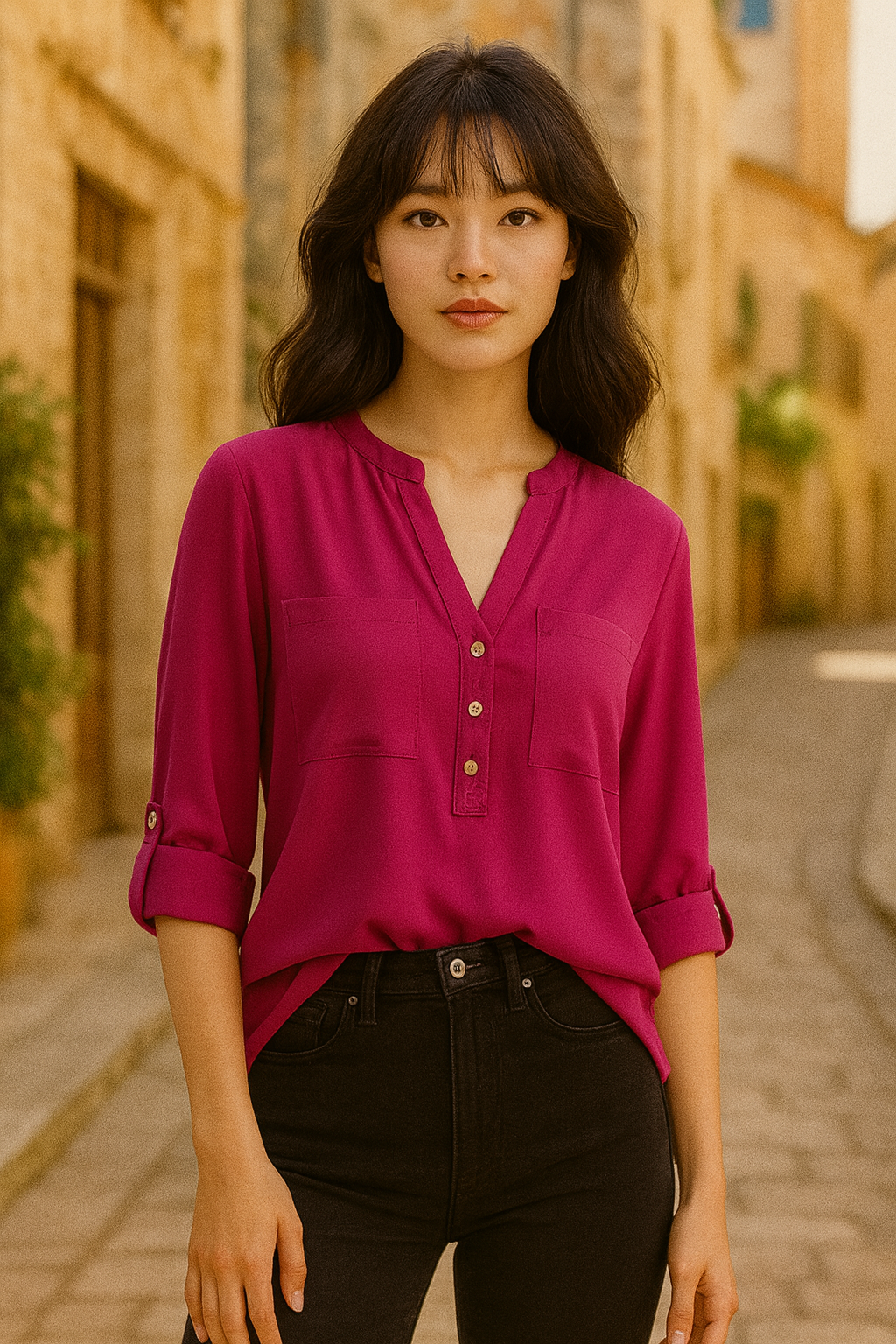 Unexpectedly You Wild Orchid – Fuchsia Button-Up Boho Blouse