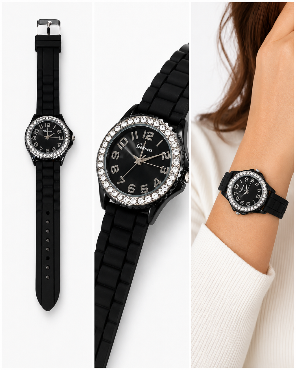Midnight Spark black rhinestone-bezel fashion watch worn on a woman